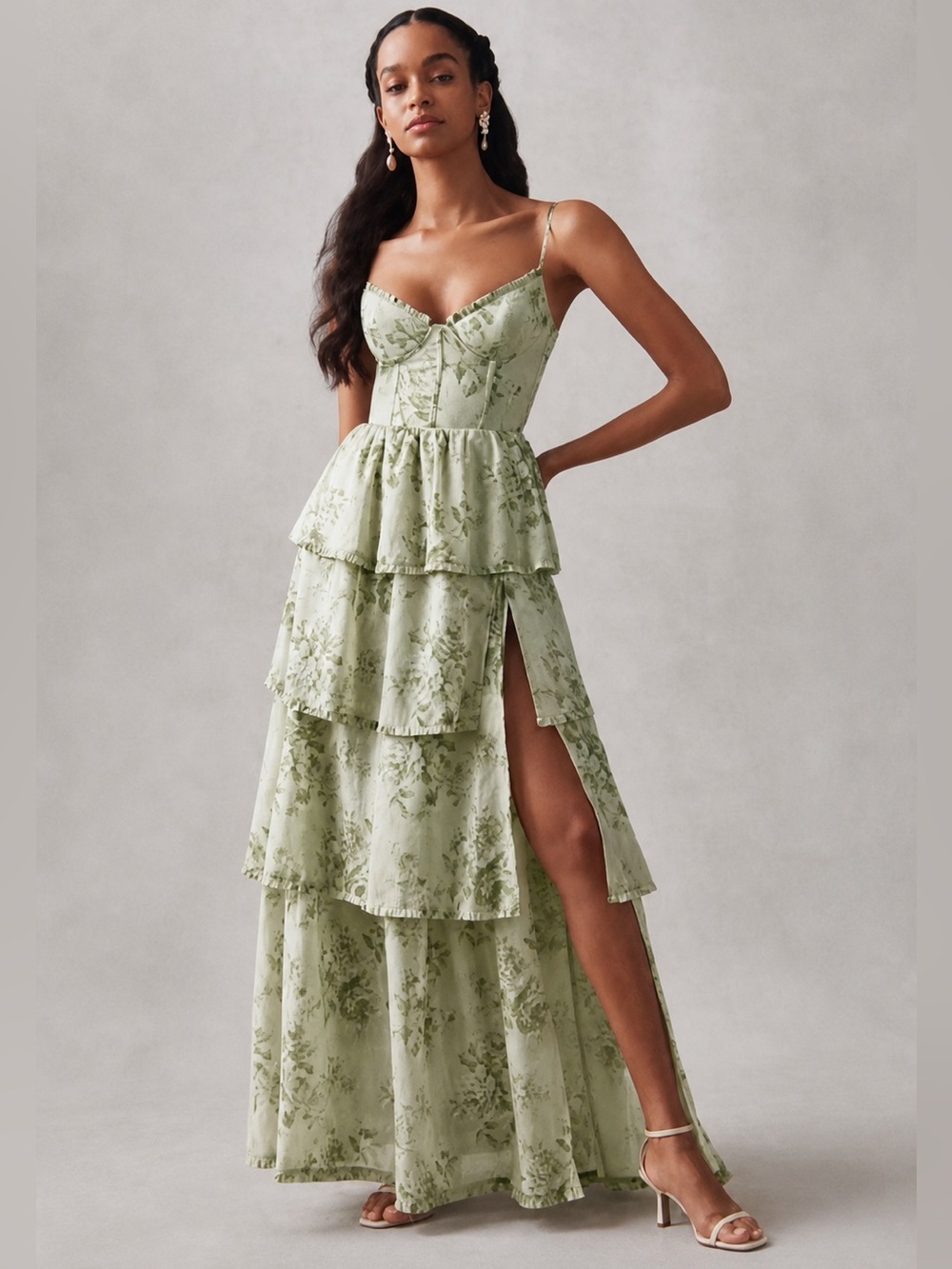 V. Chapman Caterina Maxi Dress Sage Tapestry Green Floral Corset Gown